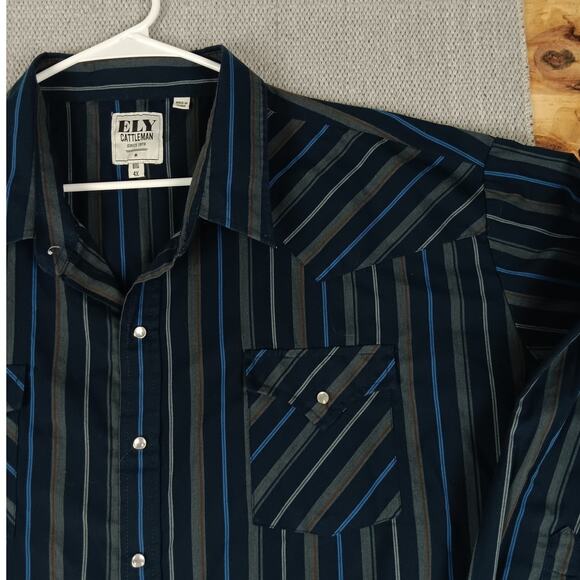 Ely Cattleman Western Shirt Mens 4XB Blue Striped Pearl Snap Cowboy Workwear - Picture 3 of 12